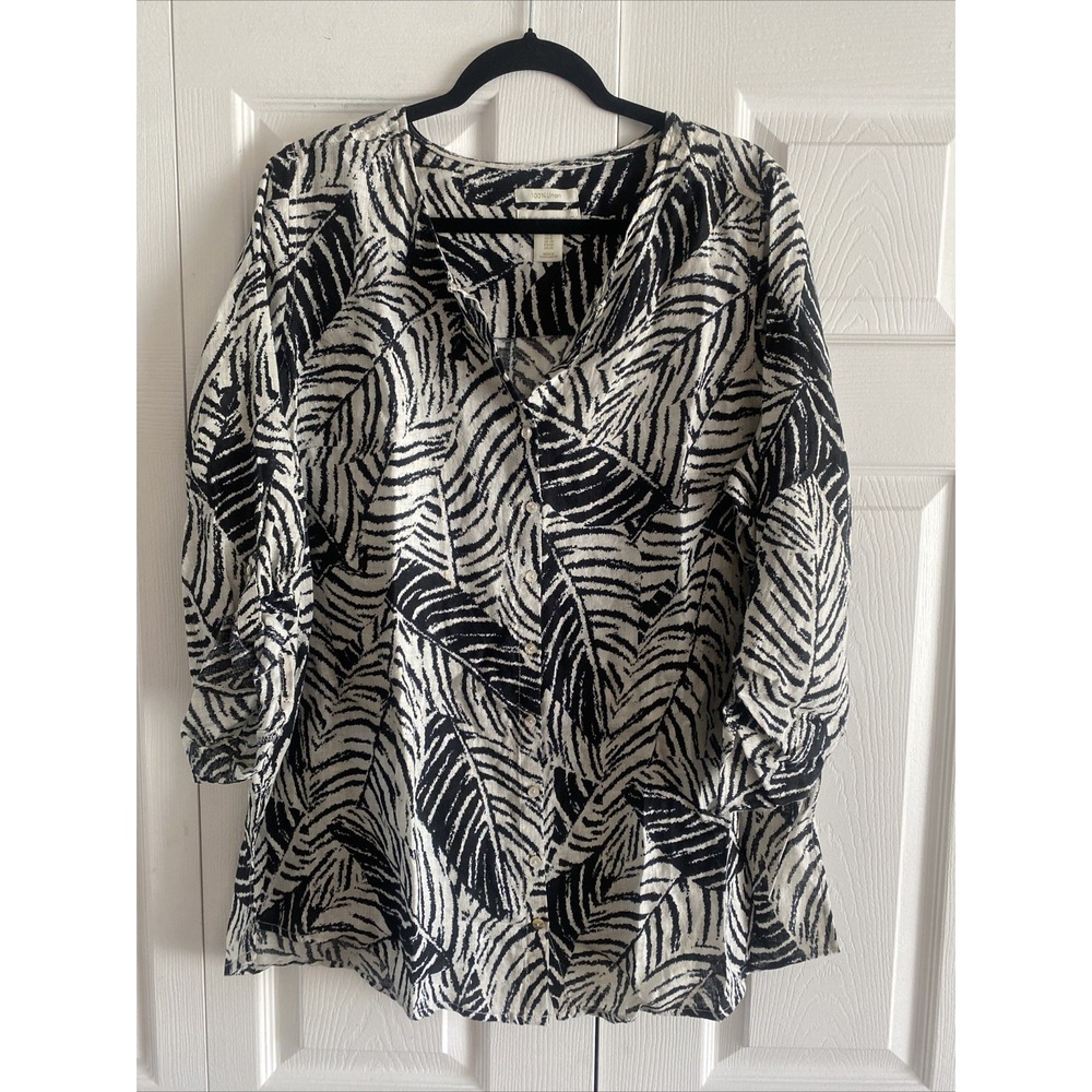 Cynthia Rowley Palm Print Button Front Blouse Womens Size 1X Black White Linen